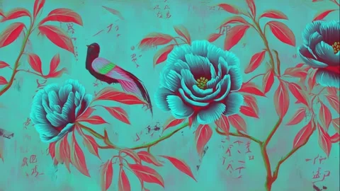 Street art mural pattern with phoenixes, peonies, and graffiti Video stock 308015948