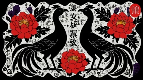 Street art mural pattern with phoenixes, peonies, and graffiti Stock Footage 308016335