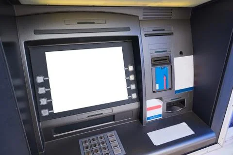 Street ATM teller machine with current operation. Blank screen for mockup Foto stock