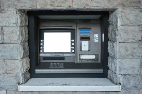 Street ATM teller machine with current operation. Blank screen for mockup Stock Photos