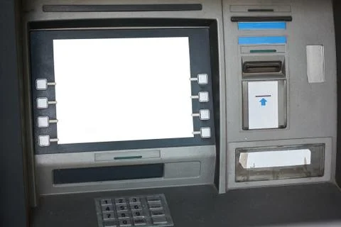 Street ATM teller machine with current operation. Blank screen for mockup Stock Photos