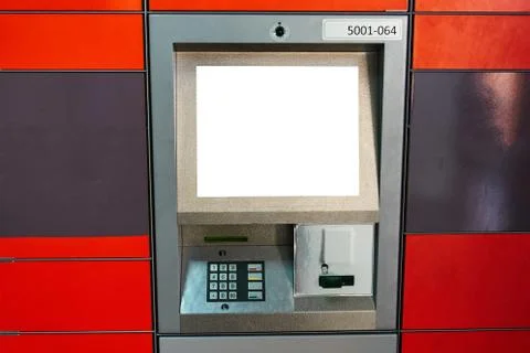 Street ATM teller machine with current operation. Blank screen for mockup Foto stock