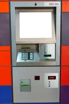 Street ATM teller machine with current operation. Blank screen for mockup Stock Photos