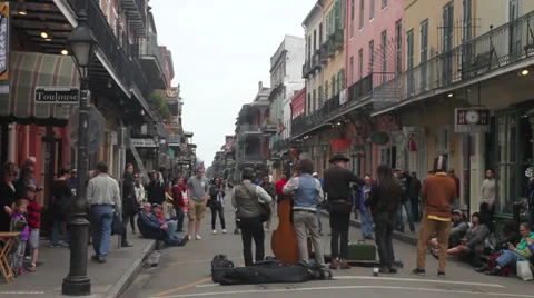 Street band playing music on Royal Street, New Orleans. Stock Footage