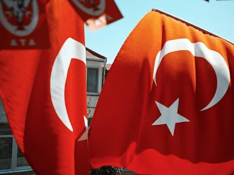 Street between two flags on the balcony Foto stock