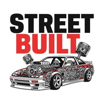 Street built car with exposed engine and pistons on a white background tshirt Stock Illustration