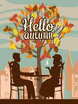Street cafe, couple at the table, fall mood Ilustração Stock