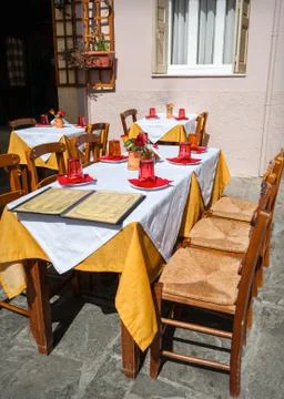 Street cafe with menu on the table Stock-Fotos