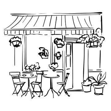 Street cafe in old town vector illustration without people. Stock Illustration