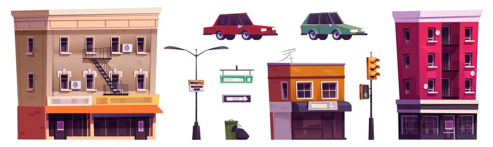 Street city elements for town intersection scene Illustrazione stock