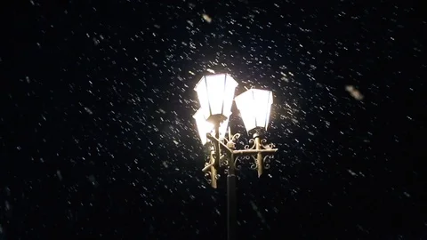 Street city lights illuminate the slowly falling snow. Night winter street lamp Stock Footage
