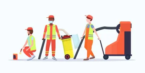 Street cleaners in uniform using different equipment mix race male workers team Illustrazione stock