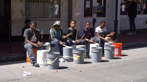 Street drum performance in Bourbon Street, New Orleans, USA, HD with music Video stock 128206588