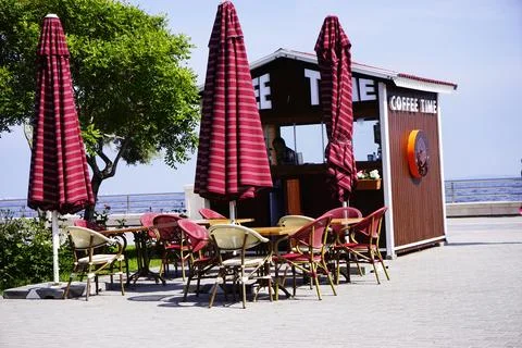 Street eastern turkish cafe with pattern tablecloth 스톡 사진