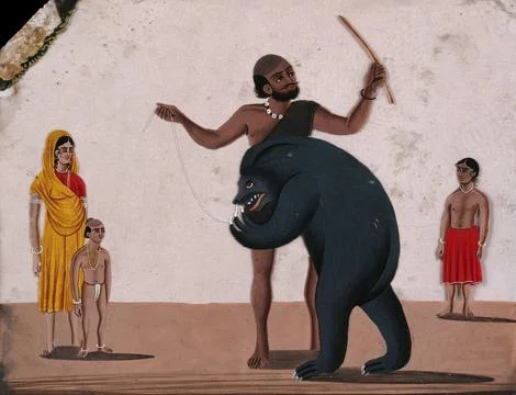 A street entertainer making a bear perform. Gouache painting on mica by an .. Stock Illustration