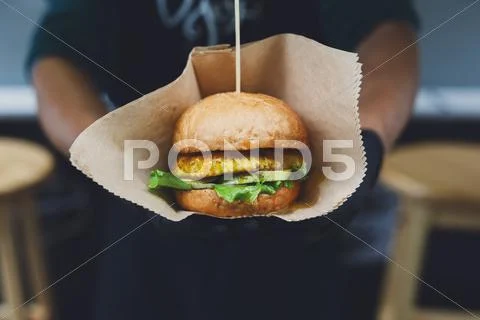 Street fast food, hamburger with bbq grilled steak Stock Photos