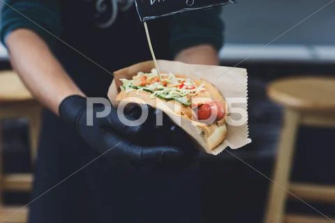 Street fast food, hot dog with grilled sausage Stock Photos