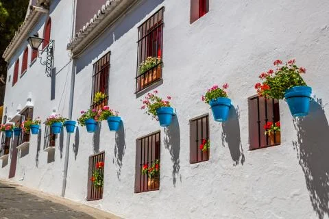 Street with flowers in the Mijas town, Spain Stock Photos