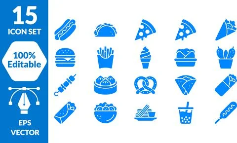 Street Food Icon Bundle Featuring Various Fast Food Snacks and Savory Dishes Stock Illustration