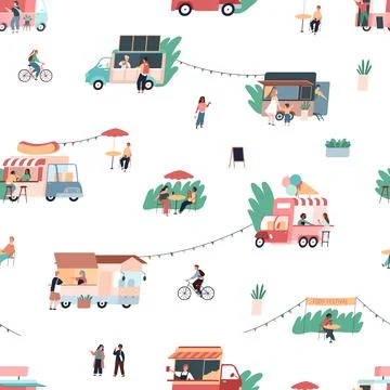 Street food pattern. Seamless texture of gastronomic fair with mobile cafes Stock Illustration