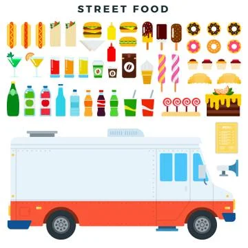 Street food, set of elements in a flat style. Food truck and various food and Stock Illustration