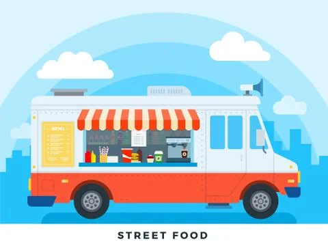 Street food vector flat illustrations. Foods truck with fast food on backdrop Stock Illustration