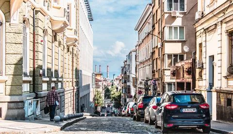 Street going down in the center of Sofia, Bulgaria Stock Photos