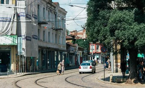 Street going down in the center of Sofia, Bulgaria Stock Photos