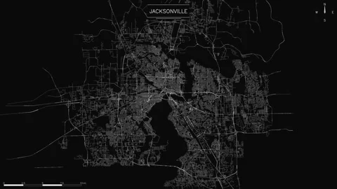 Street grid map of Jacksonville, Florida on a black background, minimalist Stock Footage 346773987