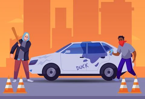 Street hooligans beating car with bat and painting on it, flat vector Stock Illustration
