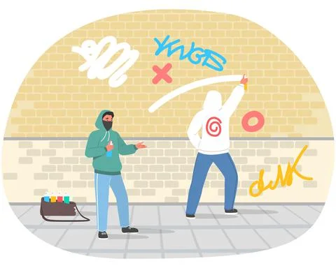 Street hooligans, graffiti painters damaging public building, painting brick Ilustración de archivo
