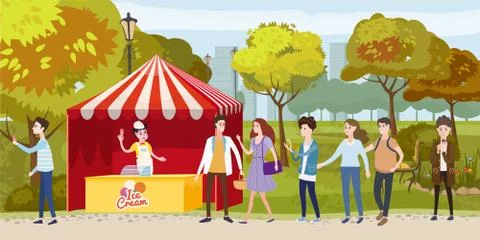 Street ice cream cafe queue color illustration. Smiling people in city park Stock Illustration