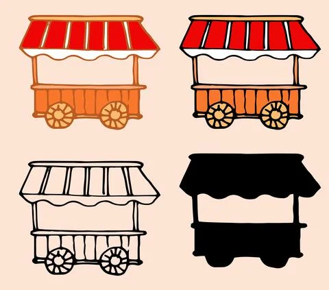 A street kiosk on wheels with a striped red and white canopy and a wheel. a set Stock Illustration