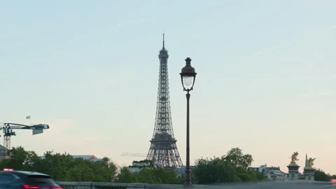 Street Lamp on Paris Bridge with Eiffel Tower in Evening Sky - Low Angle Stock Footage 338264008