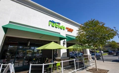 Street level angle view Rubio's Coastal Grill, fresh Baja fish tacos tore front Stock Photos