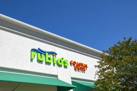 Street level angle view Rubio's Coastal Grill, fresh Baja fish tacos tore front Stock Photos