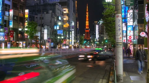 Street level pov time lapse of Roppongi, Shibuya, Japan with Tokyo Tower Stock Footage 46194607