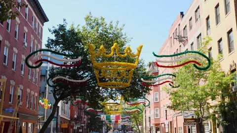 Street-Level Push-In Shot Down Hanover Street in Boston’s Historic North End Stock Footage 302667839