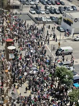 Street-level view diverse crowd with various flags during No Kings protest Stock Photos