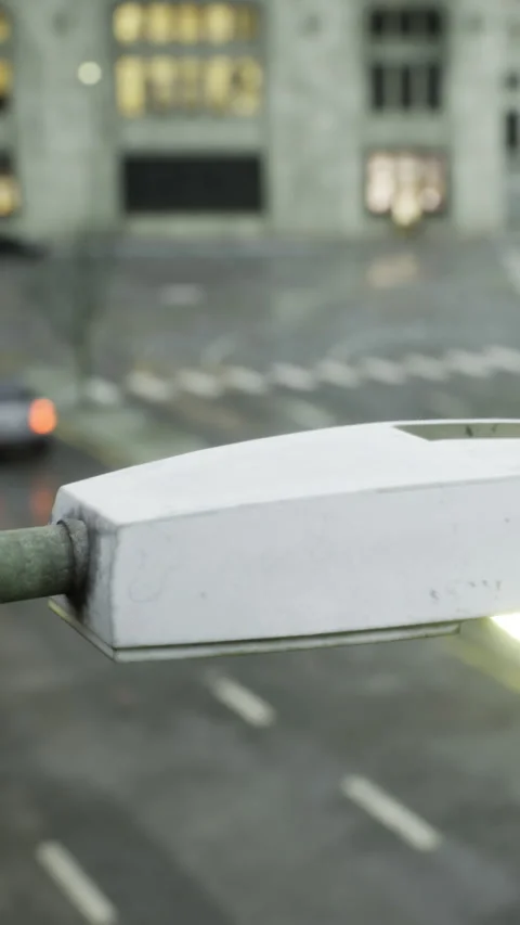 Street light at busy intersection with blurred traffic and buildings in view Stock Footage 336171721
