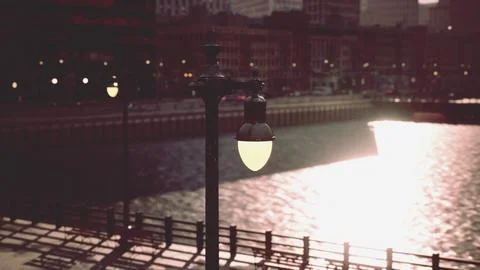 A street light sitting on the side of a river Illustrazione stock
