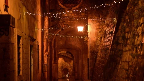 Street lights and string lights illuminating an old stone alley at night. Kotor Vídeos de archivo 329325067