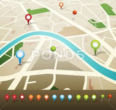 Street map with gps pins icons Stock Illustration
