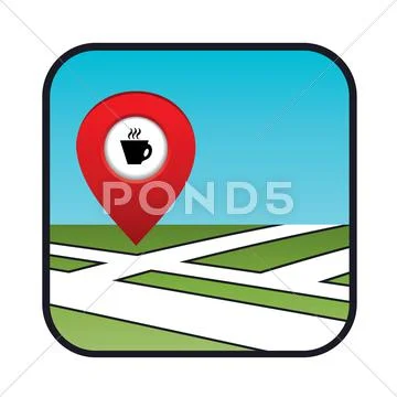 Street map icon with the pointer coffee shops, cafes Stock Illustration