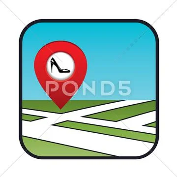 Street map icon with the pointer shoe shop Stock Illustration