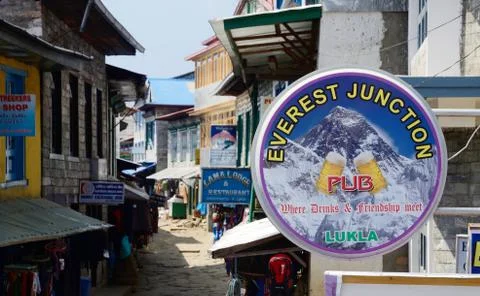 Street market, cafe and restaurants of Lukla city,Nepal Stock Photos