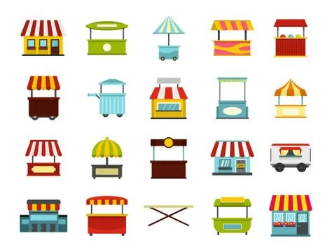 Street market icon set, flat style Stock Illustration
