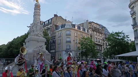 Street musicians playing instruments during public summer event Stock Footage 339982569