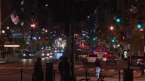 Street at night, Washington D.C., cars and lights Stock Footage