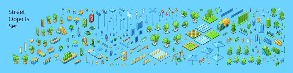 Street objects set, isometric trees, road signs Ilustração Stock